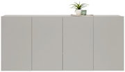Frontale Ansicht eines modernen, grauen Hängesideboards mit dekorativer Pflanze und Kerze auf der Oberseite.