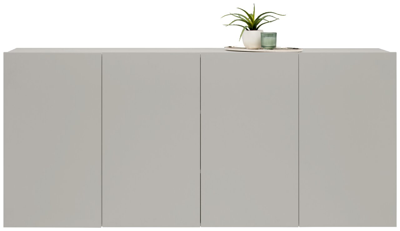 Vooraanzicht van een modern, grijs hangend dressoir met een decoratieve plant en een kaars op het blad.