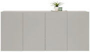 Vooraanzicht van een modern, grijs hangend dressoir met een decoratieve plant en een kaars op het blad.