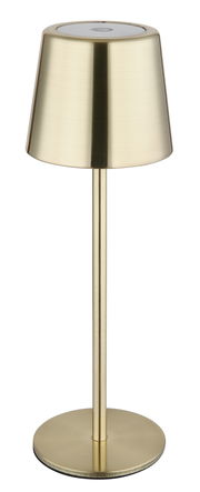 Goldene Tischleuchte in modernem Design, frontal abgebildet.