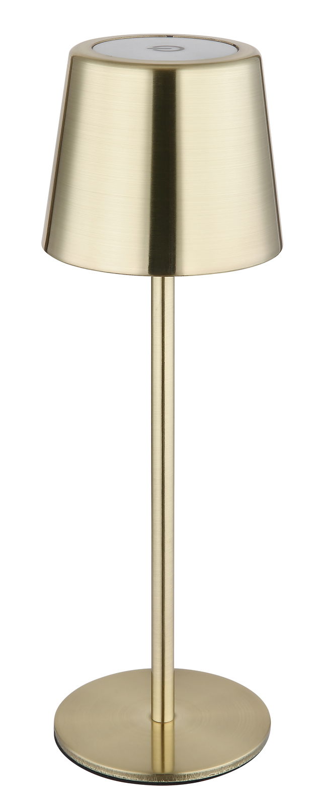 Goldene Tischleuchte in modernem Design, frontal abgebildet.