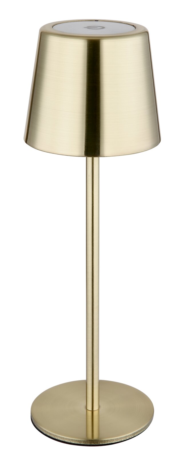 Goldene Tischleuchte in modernem Design, frontal abgebildet.