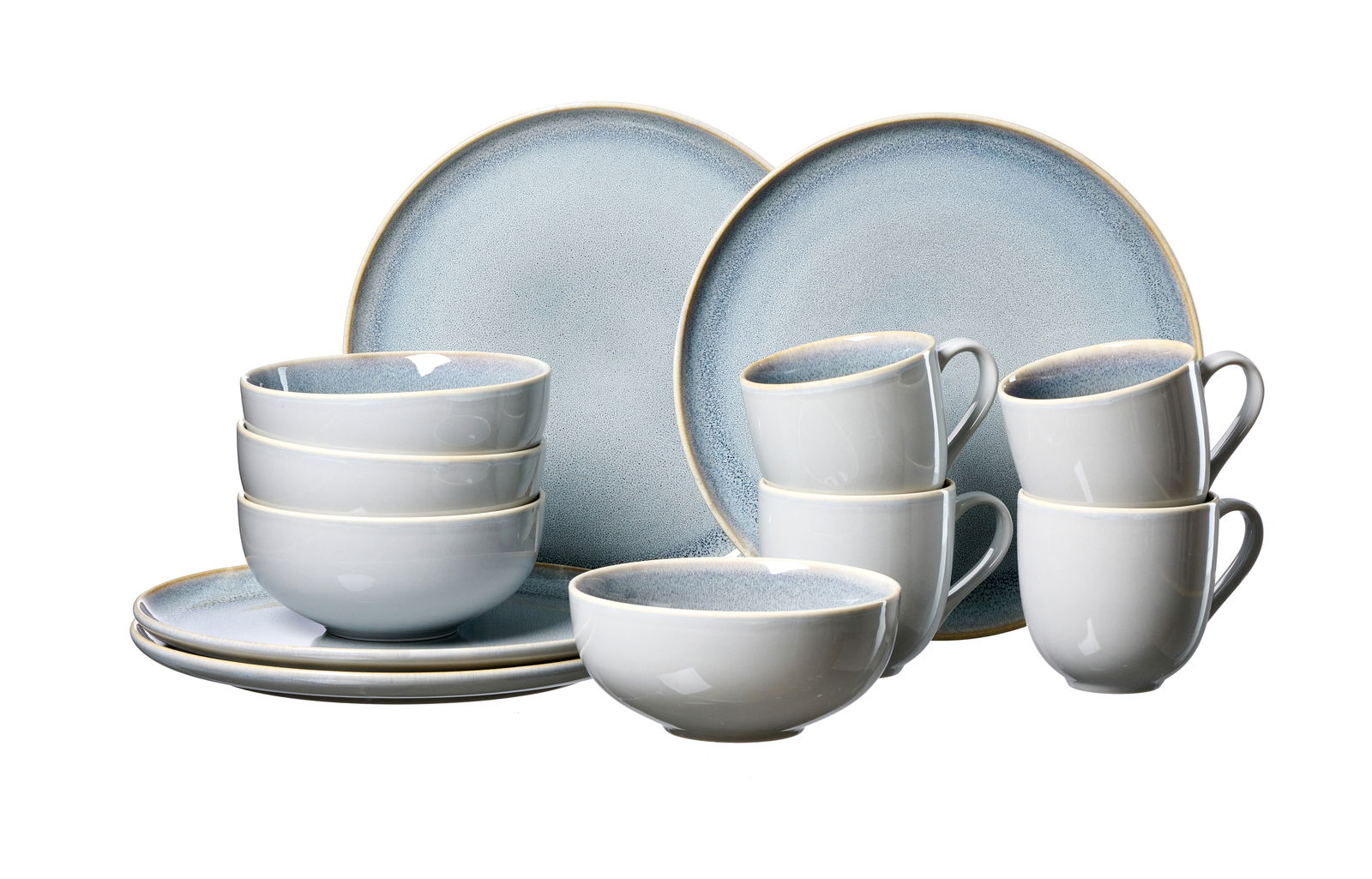 Ritzenhoff & Breker Kombiservice 12-tlg. STONE SKAGEN Kombiservice Stone Skagen 12-teilig, bestehend aus Tellern, Schalen und Tassen in sanften Blautönen, seitliche Perspektive