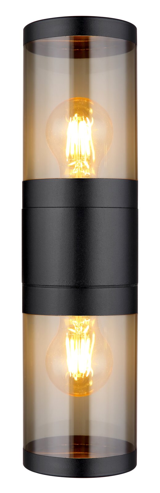 Moderne zylindrische Außenleuchte mit zwei sichtbaren Glühbirnen, seitliche Perspektive