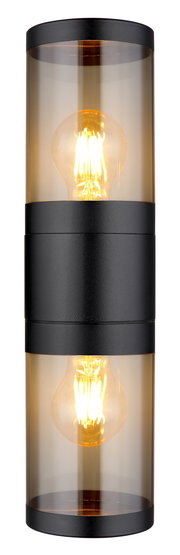 Moderne zylindrische Außenleuchte mit zwei sichtbaren Glühbirnen, seitliche Perspektive