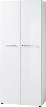 Weißer Aktenschrank mit zwei Türen und silbernen Griffen, Frontalansicht