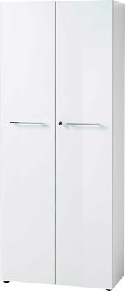 Weißer Aktenschrank mit zwei Türen und silbernen Griffen, Frontalansicht