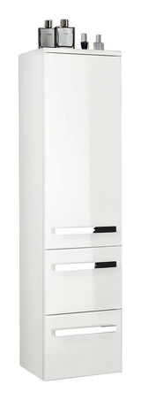 Weißer Midischrank mit drei Schubladen und glänzender Oberfläche, seitliche Perspektive