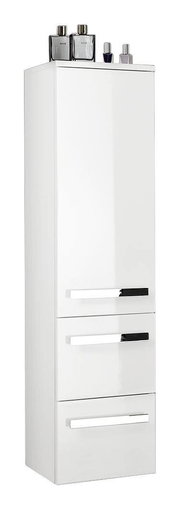 Weißer Midischrank mit drei Schubladen und glänzender Oberfläche, seitliche Perspektive