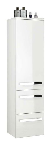 Weißer Midischrank mit drei Schubladen und glänzender Oberfläche, seitliche Perspektive