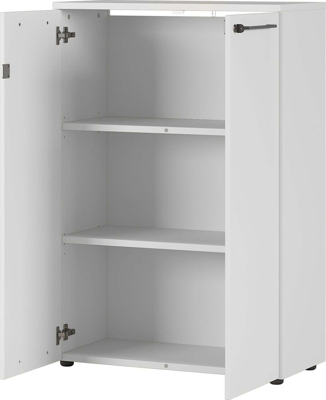 Weißer Aktenschrank mit zwei offenen Türen und drei Regalböden, seitliche Perspektive
