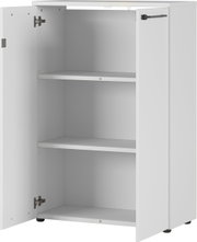 Weißer Aktenschrank mit zwei offenen Türen und drei Regalböden, seitliche Perspektive
