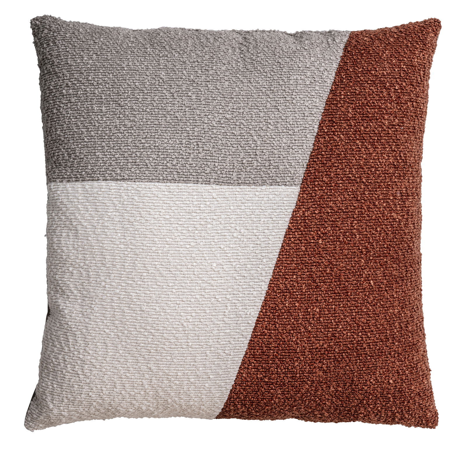 Kissen in Bouclé-Patchwork-Design mit grauen, weißen und rostfarbenen Abschnitten, Vorderansicht