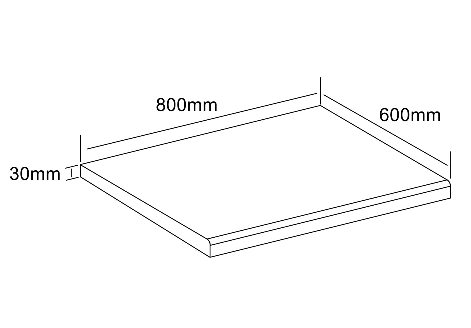 Isometrische Perspektive: rechteckige Platte/Podest mit den Maßen 800 mm x 600 mm und 30 mm Stärke, als technische Skizze dargestellt
