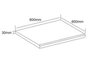 Isometrische Perspektive: rechteckige Platte/Podest mit den Maßen 800 mm x 600 mm und 30 mm Stärke, als technische Skizze dargestellt