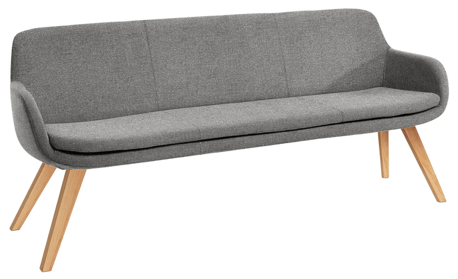 Graue Polsterbank mit Holzbeinen, seitliche Perspektive