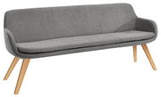 Graue Polsterbank mit Holzbeinen, seitliche Perspektive