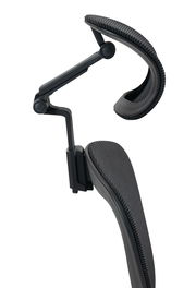 Seitliche Nahaufnahme einer schwarzen Kopfstütze eines Drehstuhls mit verstellbarem Gelenk.