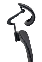 Seitliche Nahaufnahme einer schwarzen Kopfstütze eines Drehstuhls mit verstellbarem Gelenk.