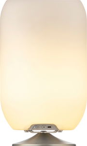 Atmos Brushed Silver Lampe, frontal fotografiert, mit leuchtendem, ovalem Lampenschirm und silbernem Sockel.