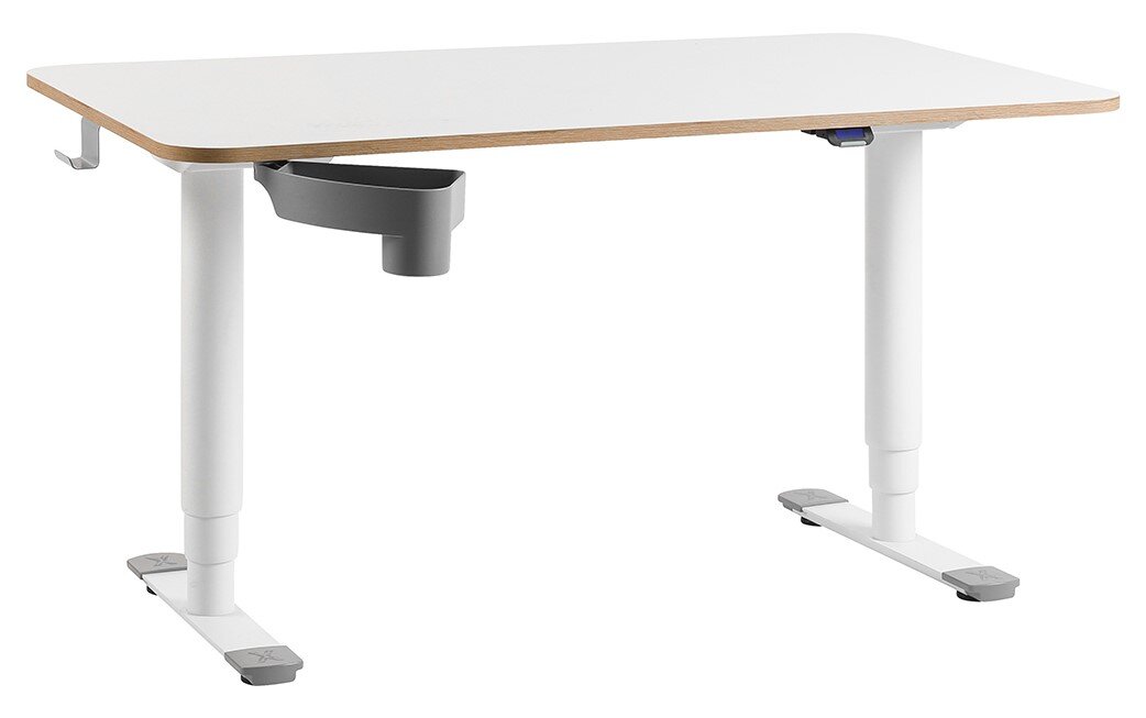 Moderner höhenverstellbarer E-Schreibtisch in Seitenansicht mit weißer Tischplatte und grauen Akzenten.