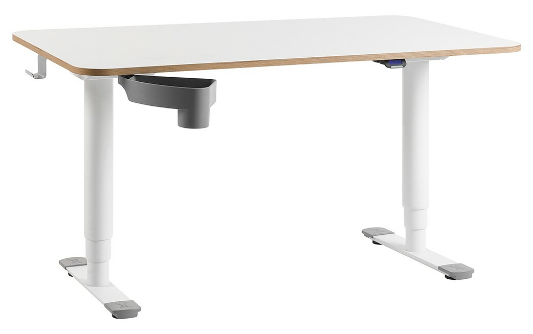 Moderner höhenverstellbarer E-Schreibtisch in Seitenansicht mit weißer Tischplatte und grauen Akzenten.