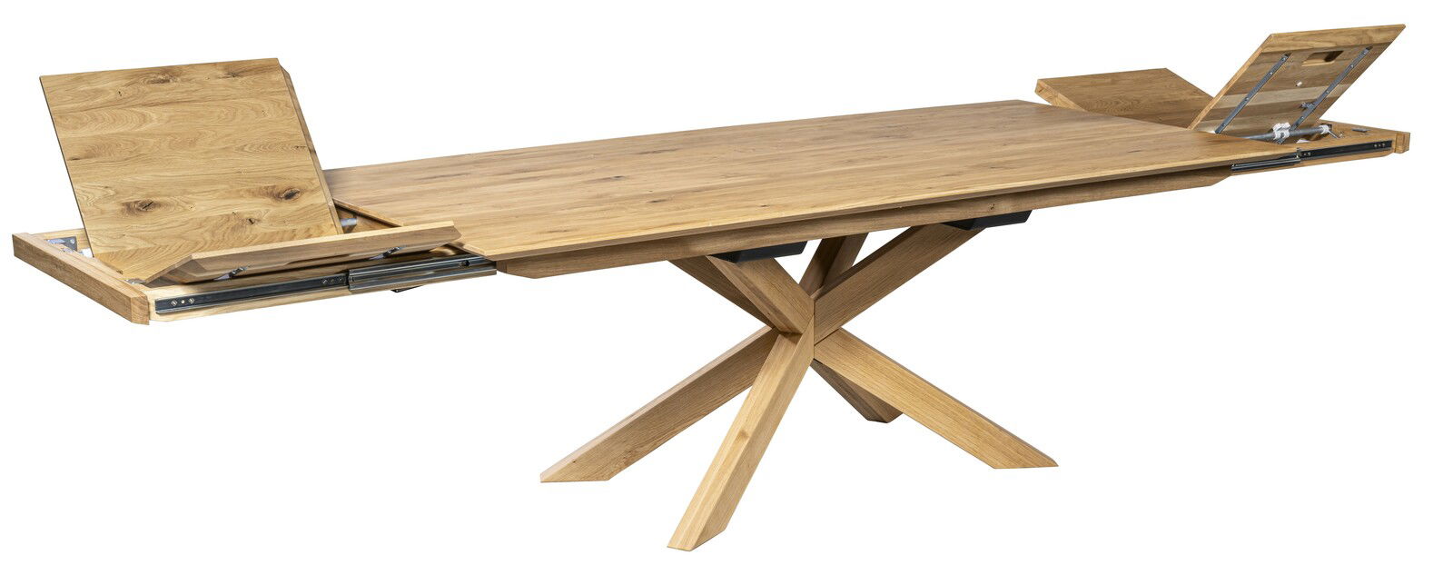 Esstisch aus Holz mit ausziehbaren Platten und gekreuztem Fußgestell, seitliche Perspektive