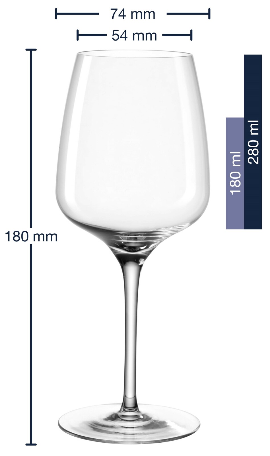 Rieslingglas 280ml CESTI, seitliche Ansicht mit Maßen: Höhe 180 mm, Durchmesser oben 74 mm, Durchmesser unten 54 mm.