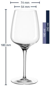Rieslingglas 280ml CESTI, seitliche Ansicht mit Maßen: Höhe 180 mm, Durchmesser oben 74 mm, Durchmesser unten 54 mm.