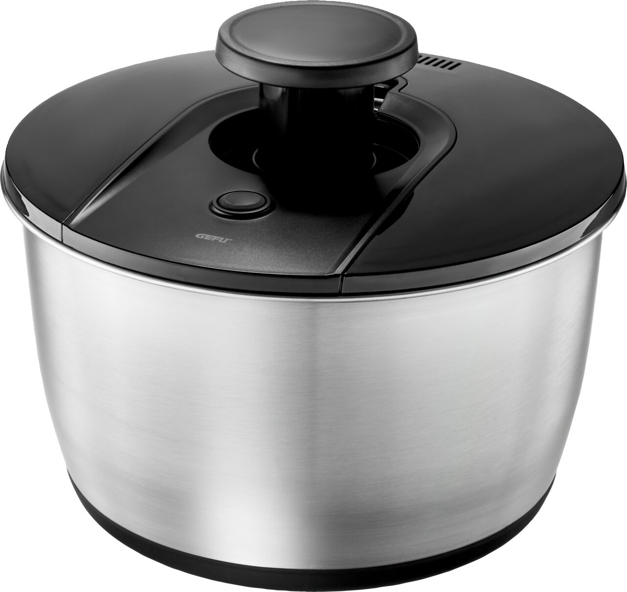 Salatschleuder aus Edelstahl mit schwarzem Deckel, seitliche Perspektive