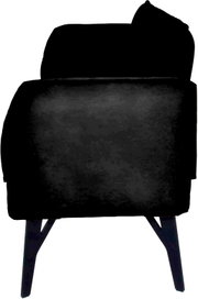 Zwarte, gestoffeerde fauteuil met stoffen bekleding en schuine poten, van voren gefotografeerd