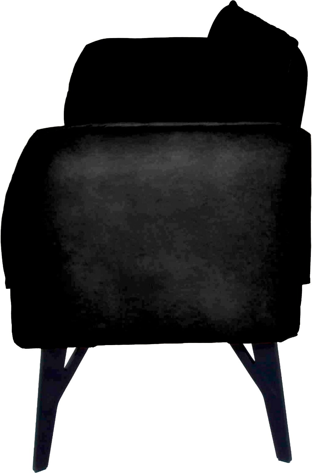 Zwarte, gestoffeerde fauteuil met stoffen bekleding en schuine poten, van voren gefotografeerd