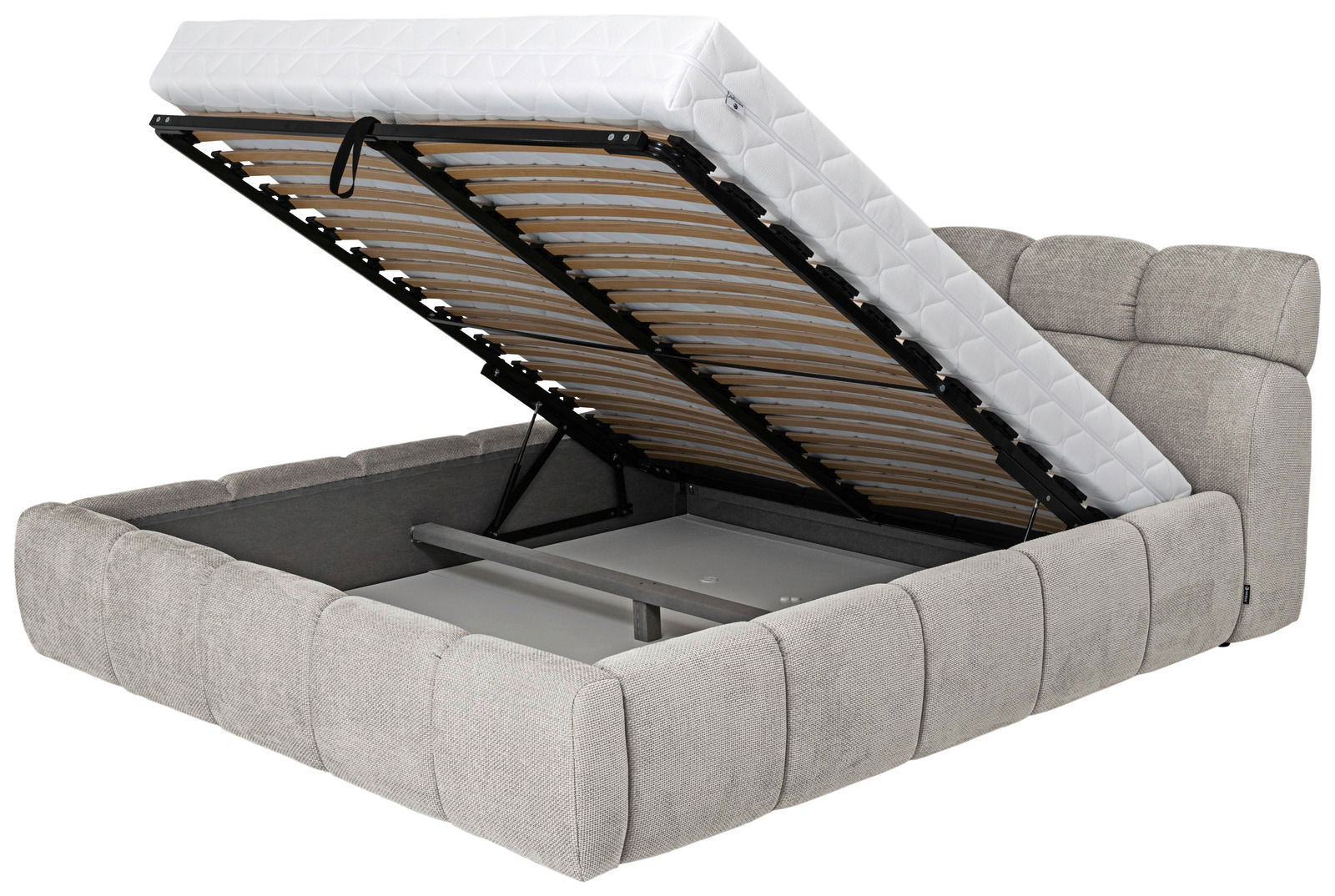 Polsterbett mit hochgeklappter Matratze und Stauraum, seitliche Perspektive