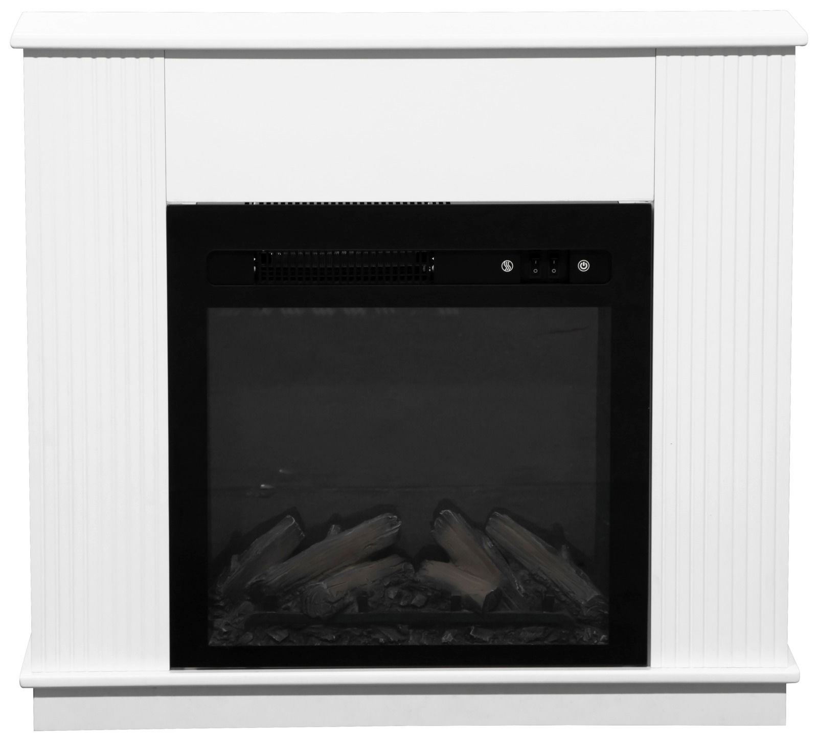 Moderner Elektrokamin in Weiß mit schwarzem Rahmen, Frontalansicht