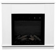 Moderner Elektrokamin in Weiß mit schwarzem Rahmen, Frontalansicht