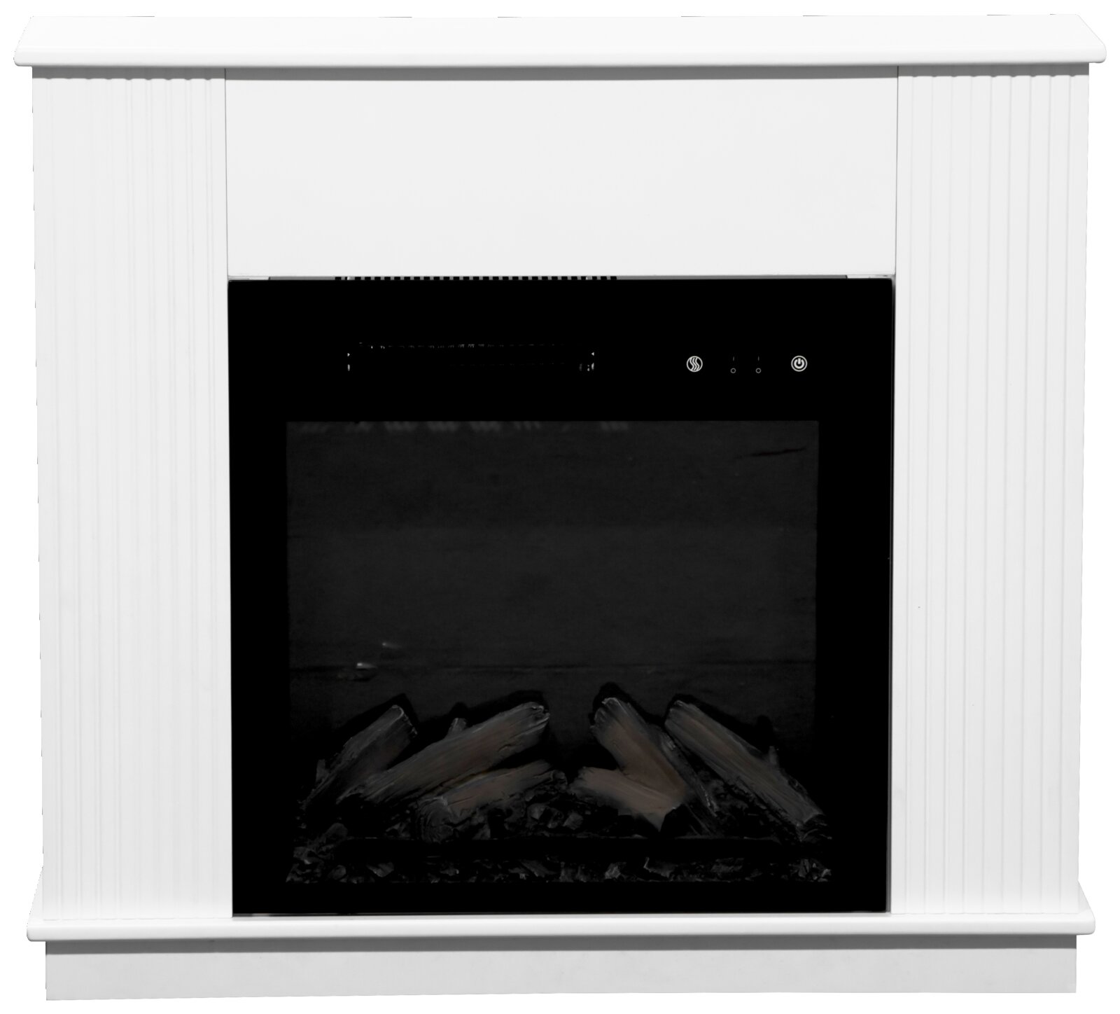 Moderner Elektrokamin in Weiß mit schwarzem Rahmen, Frontalansicht