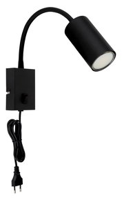 Schwarze, matte Wandleuchte aus Metall mit flexiblem Arm und Schalter, seitliche Perspektive