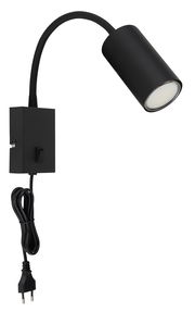 Schwarze, matte Wandleuchte aus Metall mit flexiblem Arm und Schalter, seitliche Perspektive