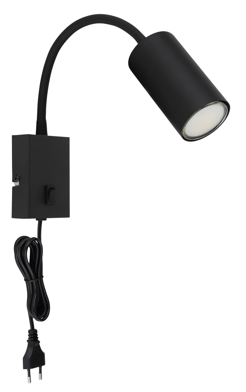 Schwarze, matte Wandleuchte aus Metall mit flexiblem Arm und Schalter, seitliche Perspektive