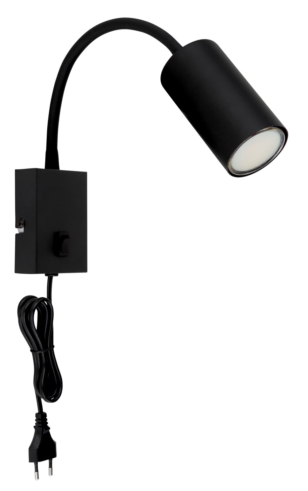 Zwarte, matte wandlamp van metaal met flexibele arm en schakelaar, zijaanzicht