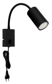 Zwarte, matte wandlamp van metaal met flexibele arm en schakelaar, zijaanzicht