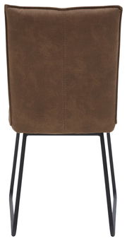 Rückansicht eines braunen Stuhls mit Metallbeinen