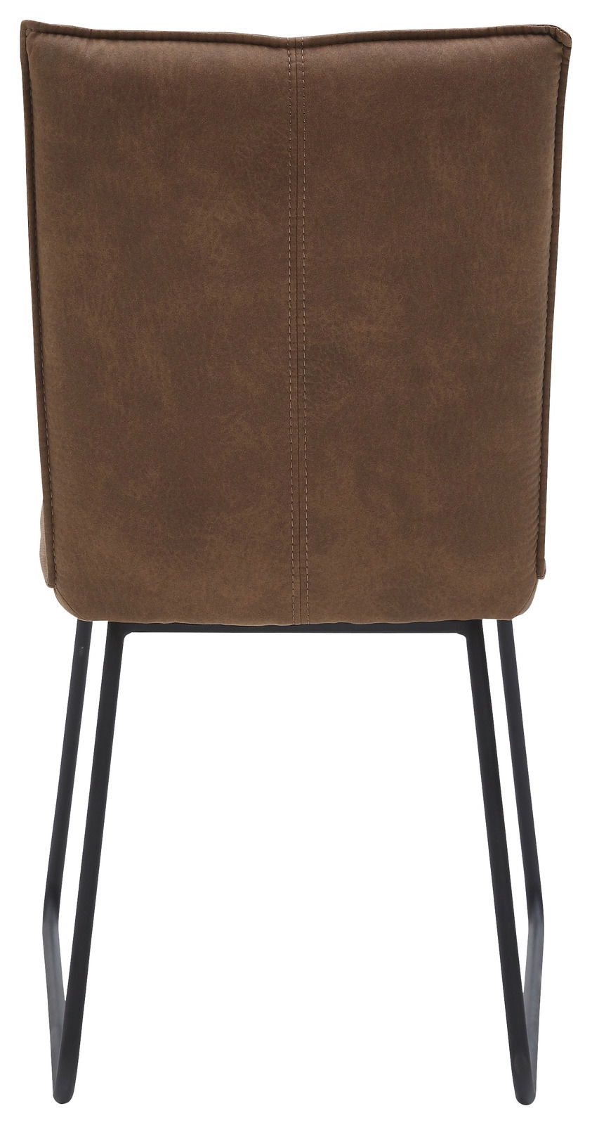 Rückansicht eines braunen Stuhls mit Metallbeinen