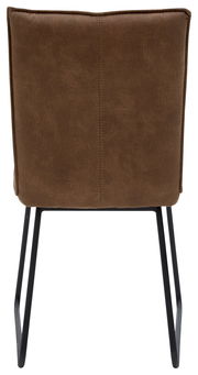 Rückansicht eines braunen Stuhls mit Metallbeinen