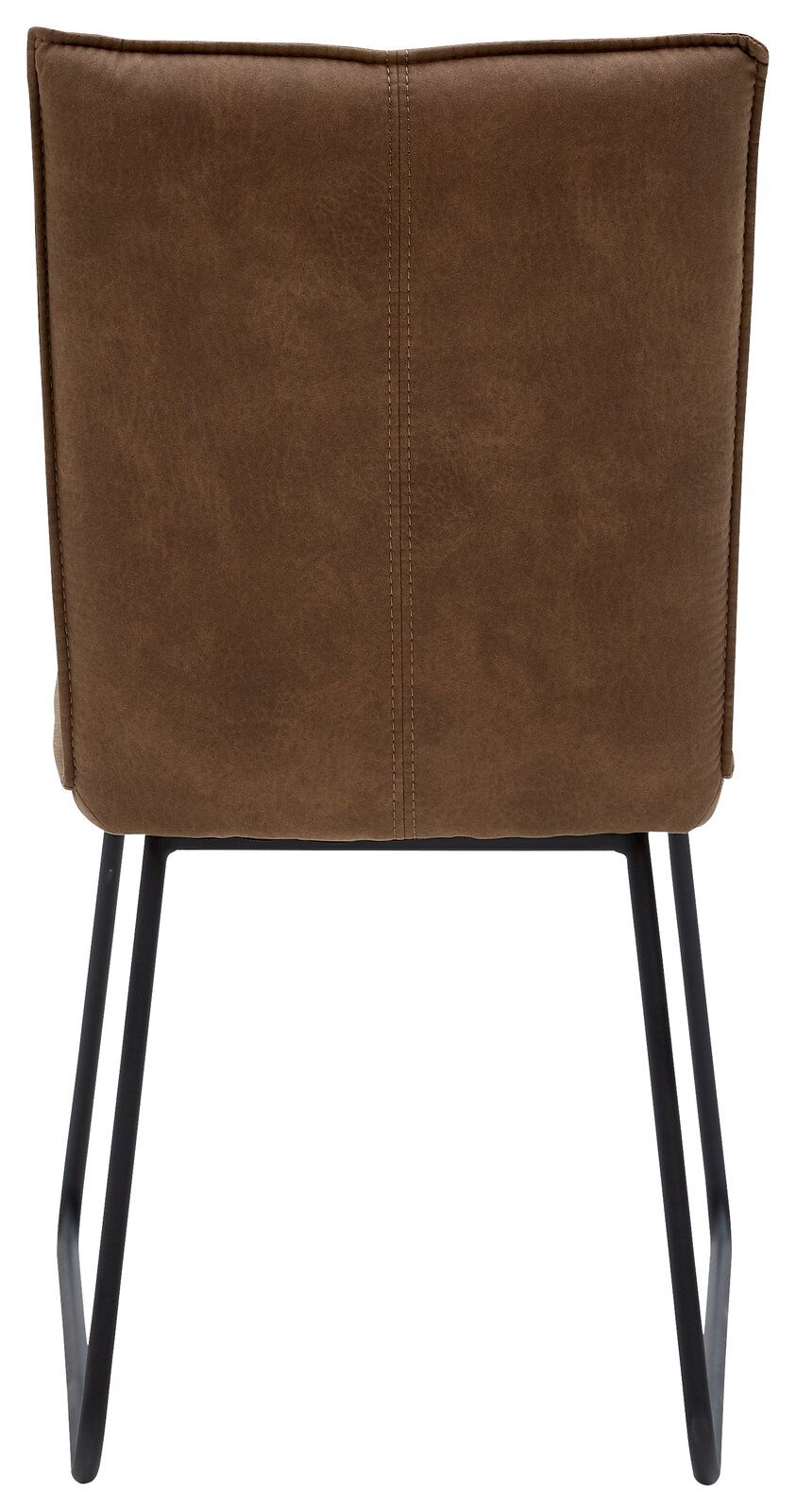 Rückansicht eines braunen Stuhls mit Metallbeinen