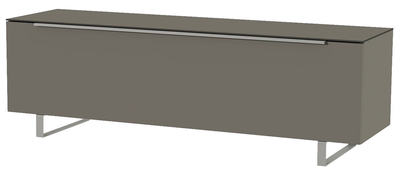 TV-Lowboard in grauer Farbe mit Metallbeinen, seitliche Perspektive