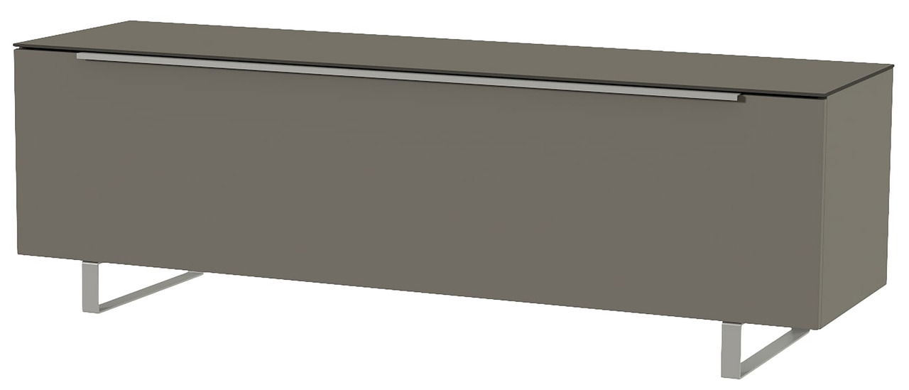 TV-Lowboard in grauer Farbe mit Metallbeinen, seitliche Perspektive