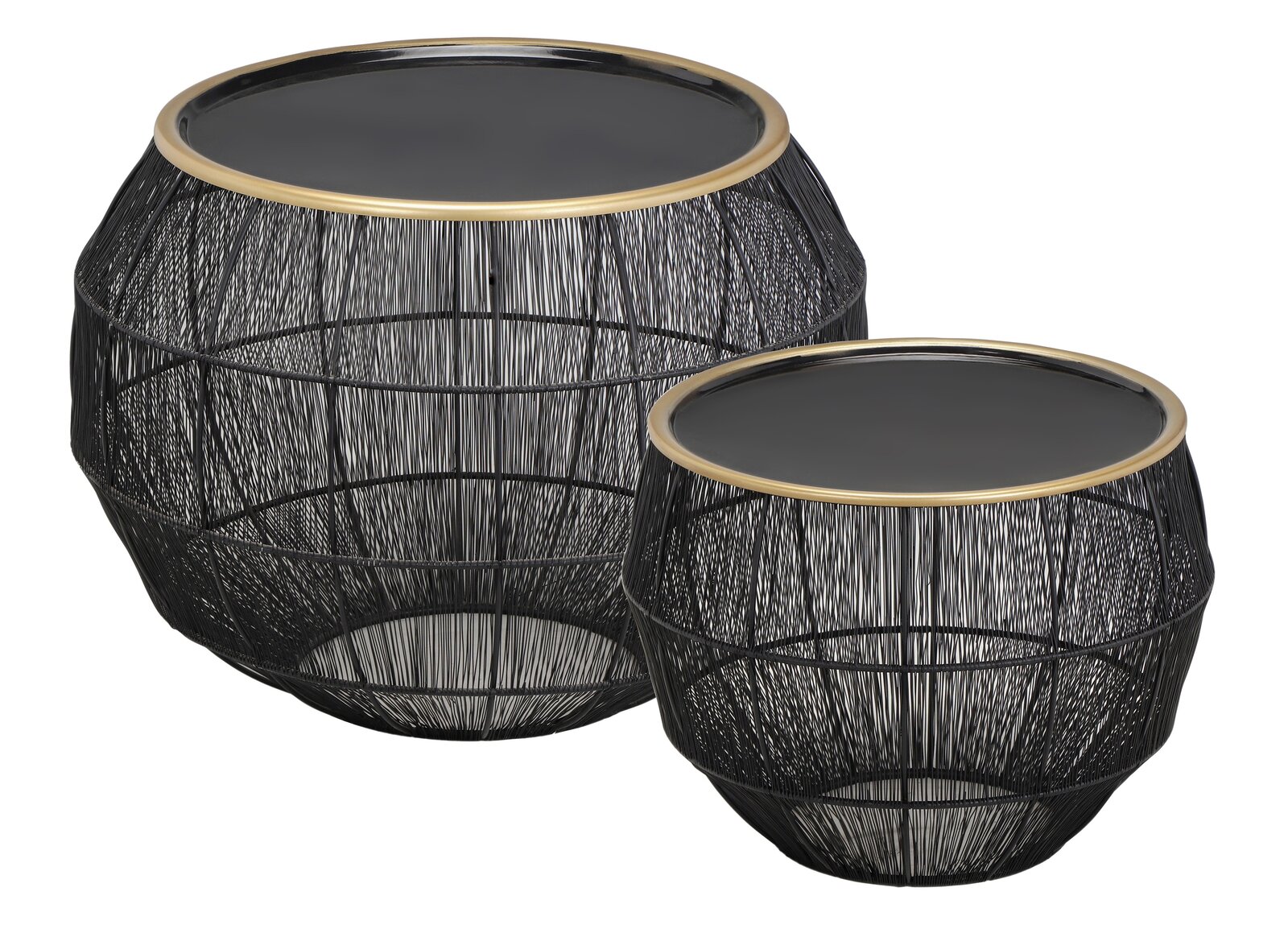 Zwei runde Beistelltische im Set, mit schwarzer Drahtstruktur und goldenen Rändern, aus einer leicht erhöhten Perspektive fotografiert.