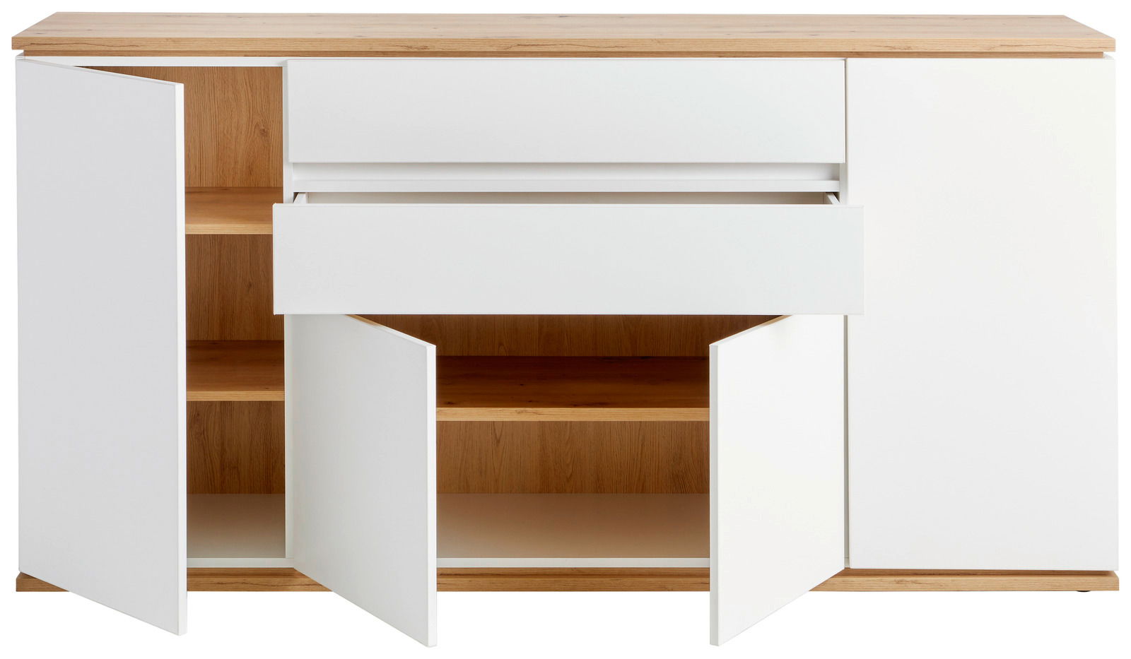 Frontale Ansicht eines XORA Sideboards YAMAEL mit offenen Schubladen und Türen, weiße Fronten und Holzoptik.