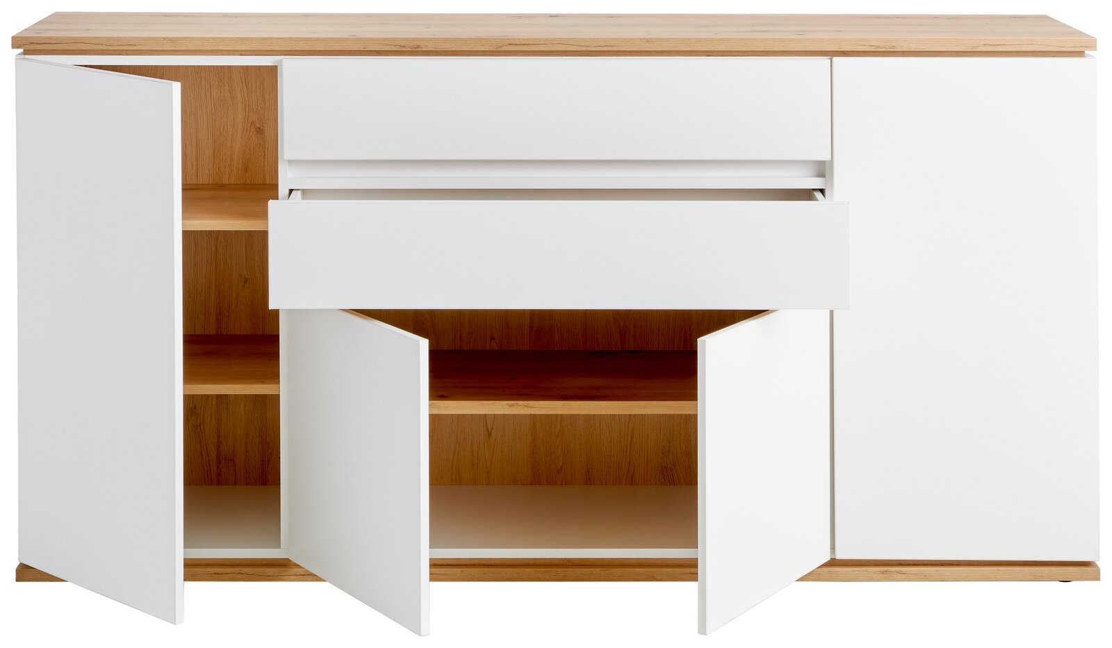 Frontale Ansicht eines XORA Sideboards YAMAEL mit offenen Schubladen und Türen, weiße Fronten und Holzoptik.